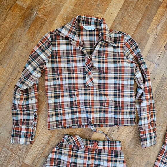 Vintage 70s Green Rust Orange Plaid 3-Piece Set Top Pants Skirt Juniors 5 XXS - Picture 2 of 12